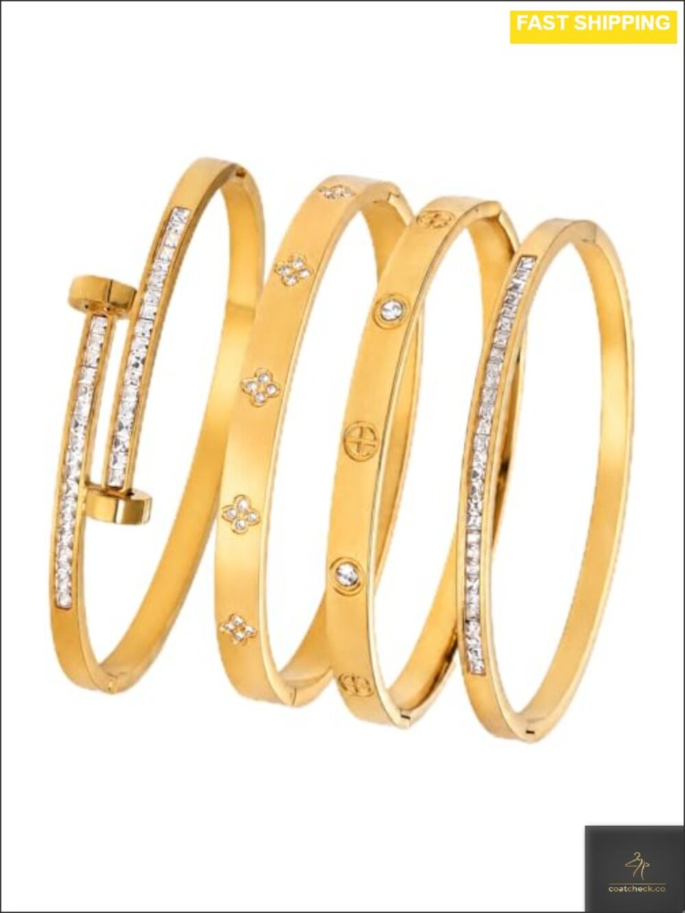4 Pc 18K Gold Plated Stainless Steel Bangle Set CZ Stackable Bracelets